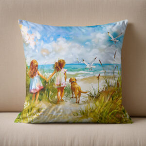 Kissen: Summer Beach Day with Girls and Dog
