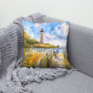 Kissen: Lighthouse trail with child and dog watercolor