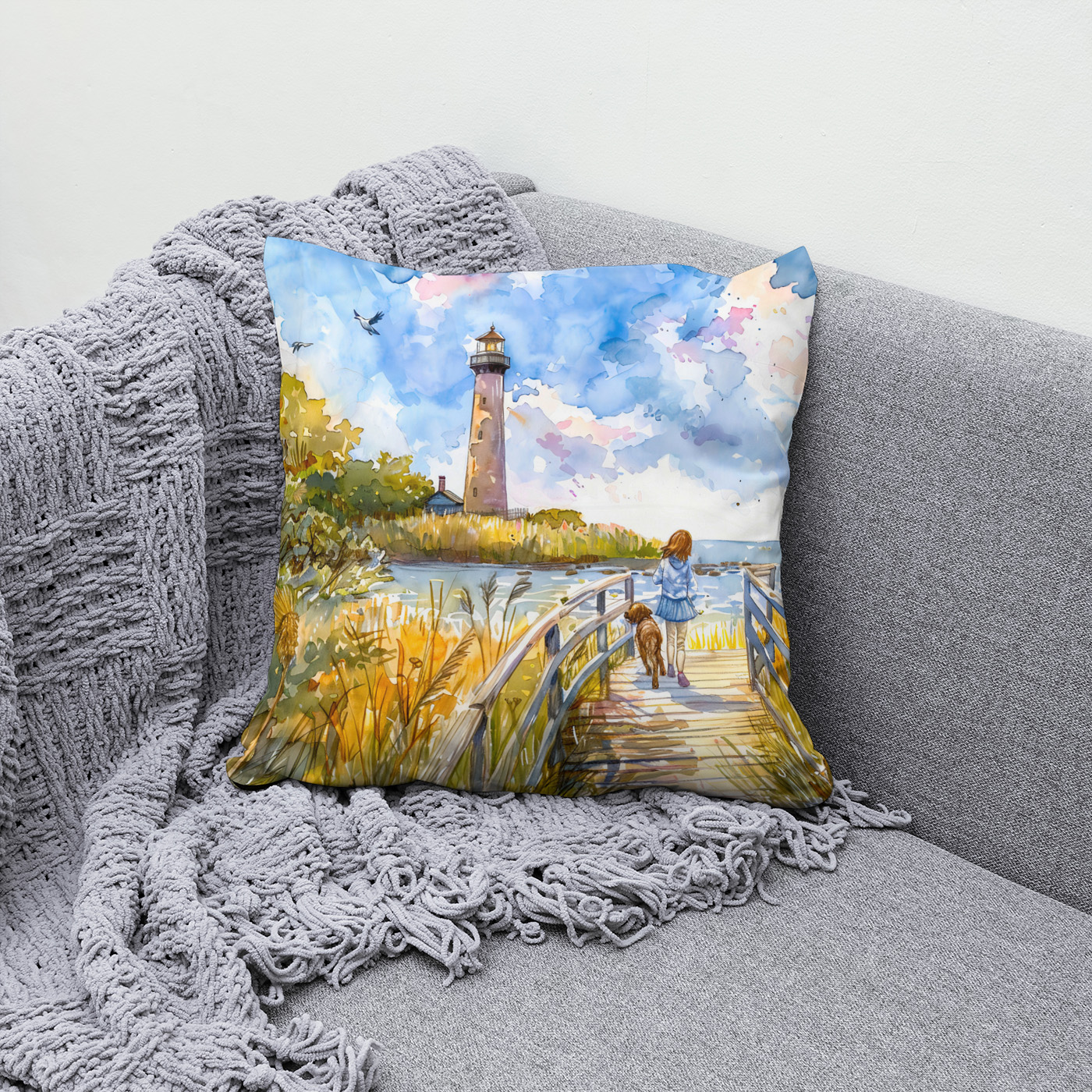 Kissen: Lighthouse trail with child and dog watercolor
