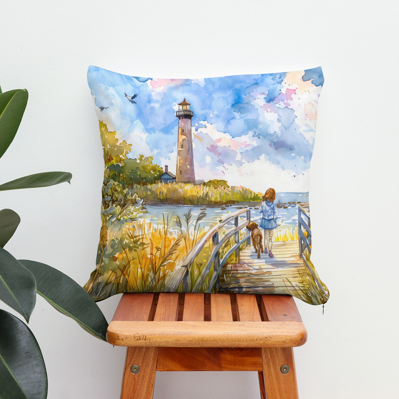 Kissen: Lighthouse trail with child and dog watercolor – Image 2