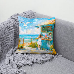 Kissen: Girl buying sandwitch and water bottle at beach snacks watercolor