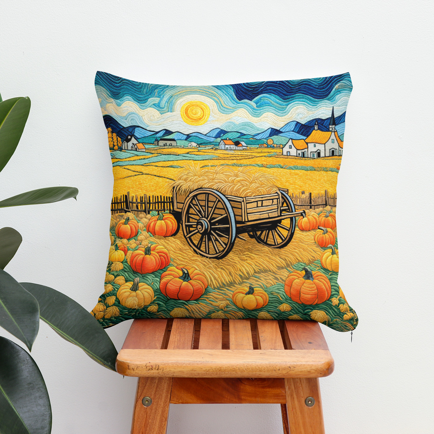 Kissen: Pumpkin Field Harvest with Hay Wagon – Bild 2