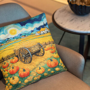 Kissen: Pumpkin Field Harvest with Hay Wagon