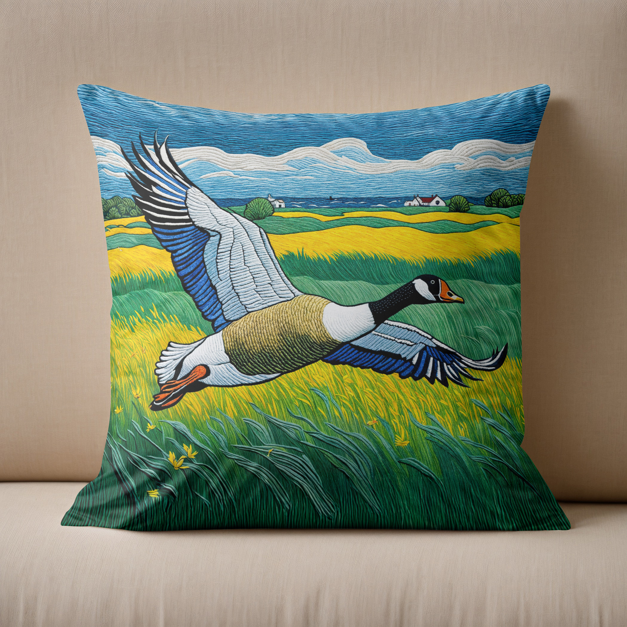 Kissen: Wild Goose Flying Over Blooming Meadow