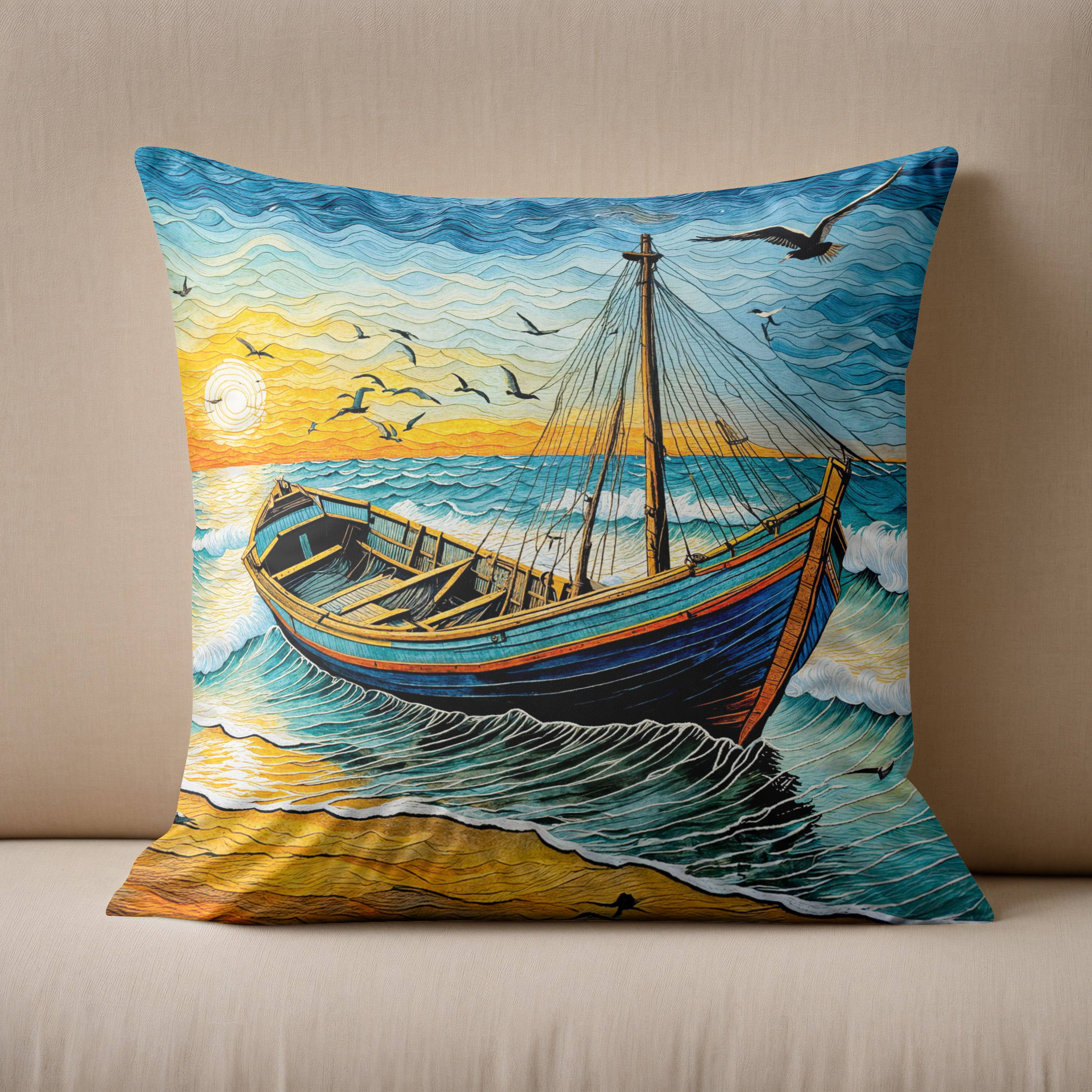 Kissen: Boat on Calm Waters at Sunset