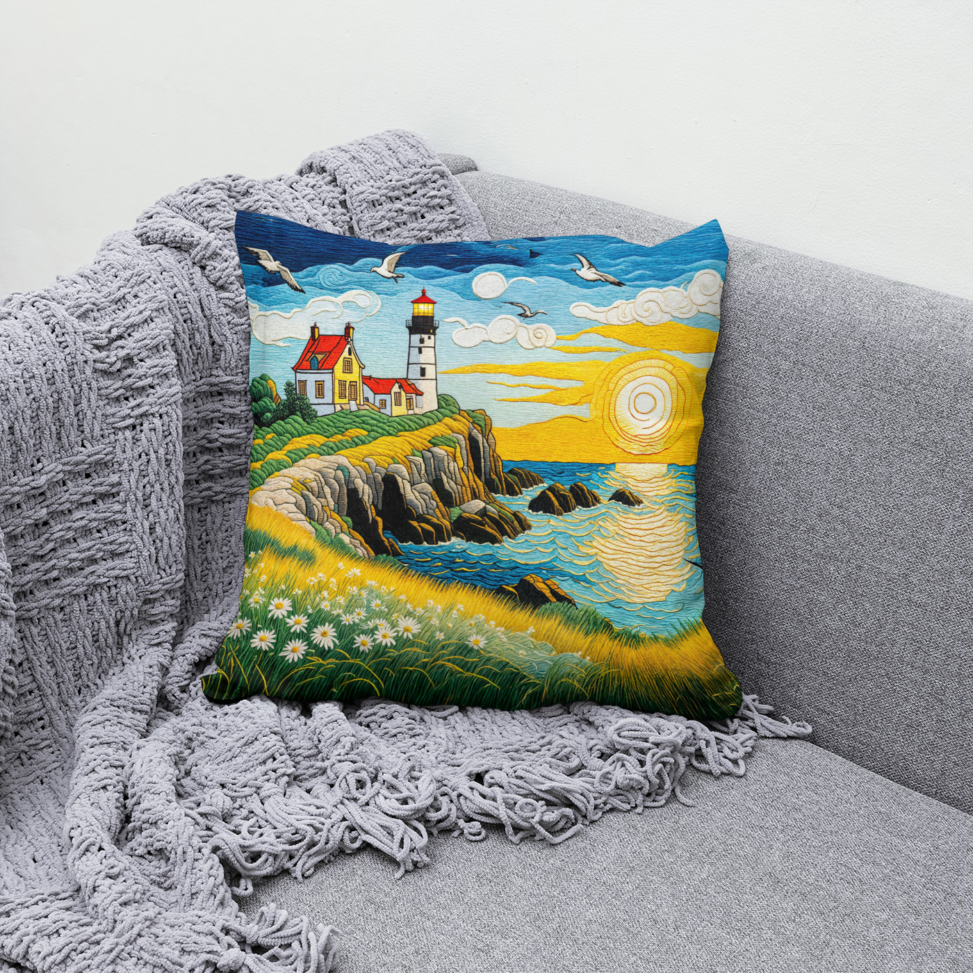 Kissen: Serene Coastal Farm by the Sea