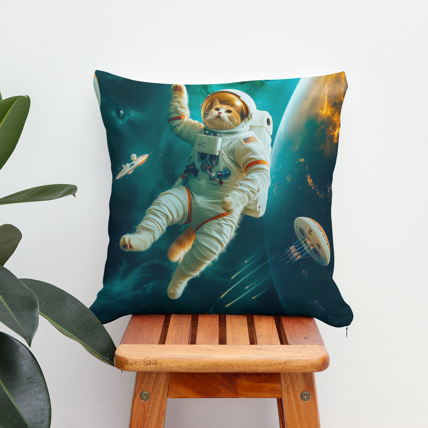 Kissen: Orange cat floating in space with debris