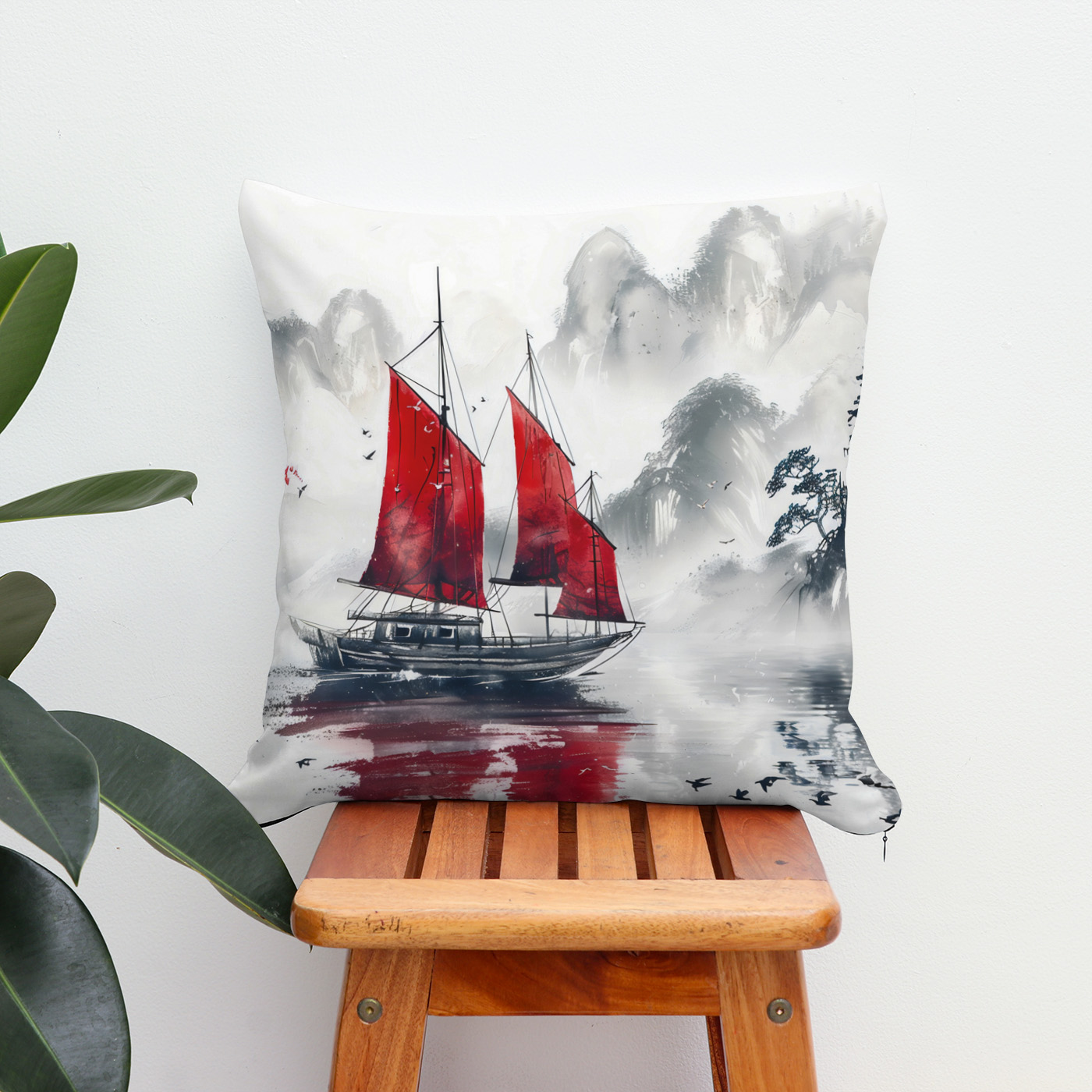 Kissen: Chinese Watercolor Junk on Serene Lake