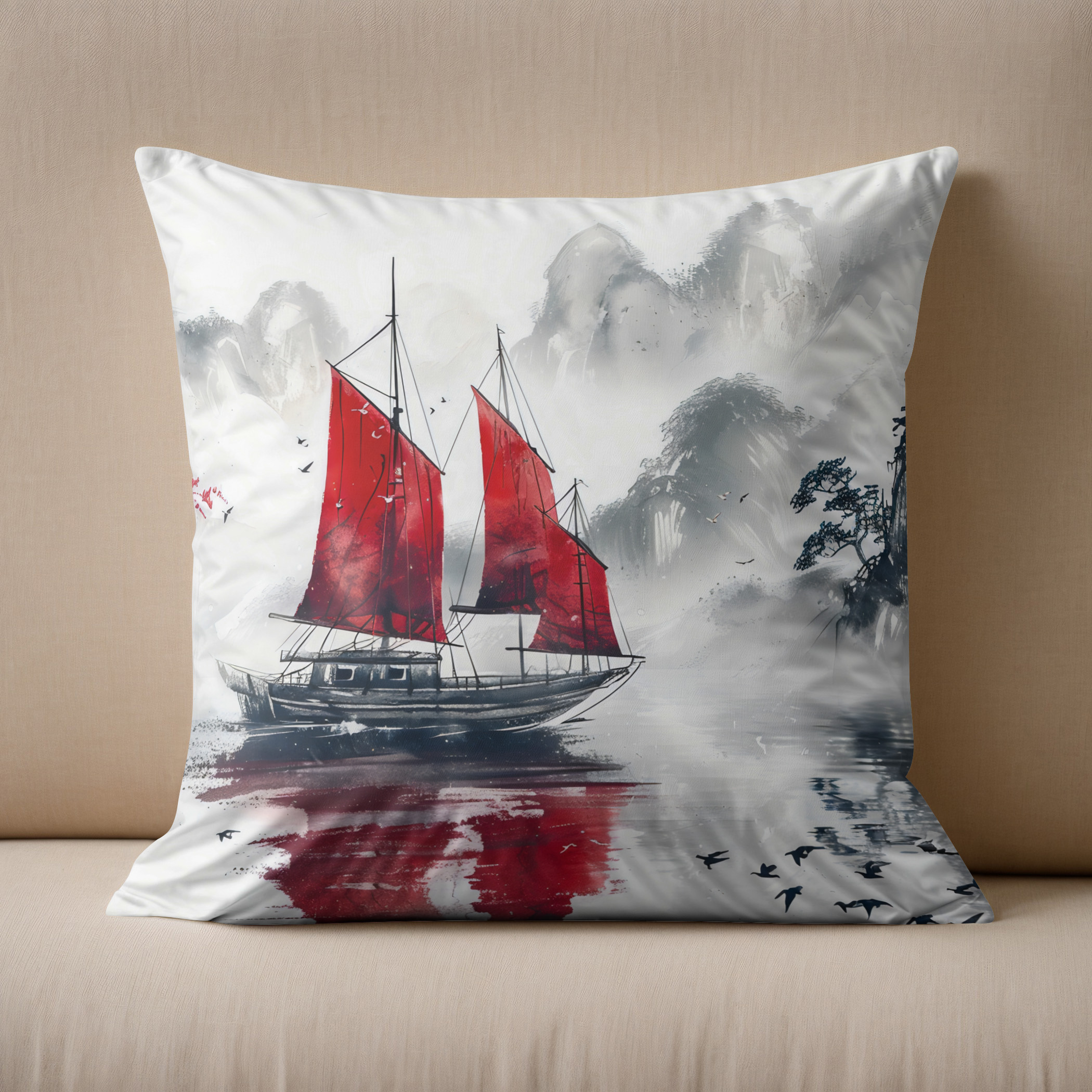 Kissen: Chinese Watercolor Junk on Serene Lake - Image 2