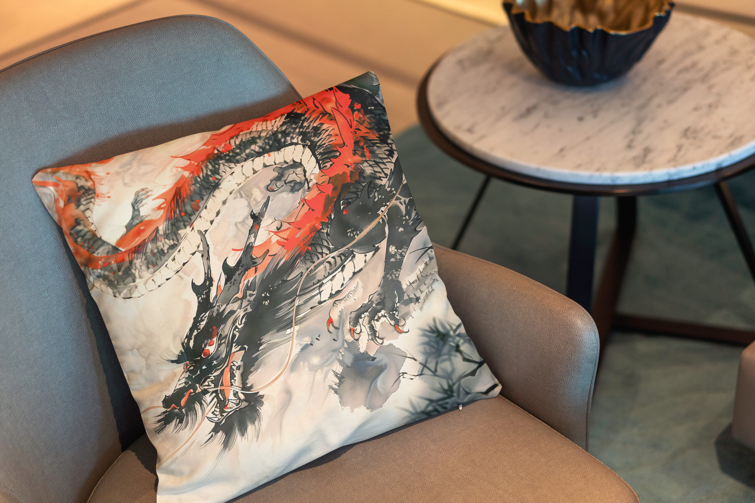Kissen: Chinese Watercolor Red Dragon Power
