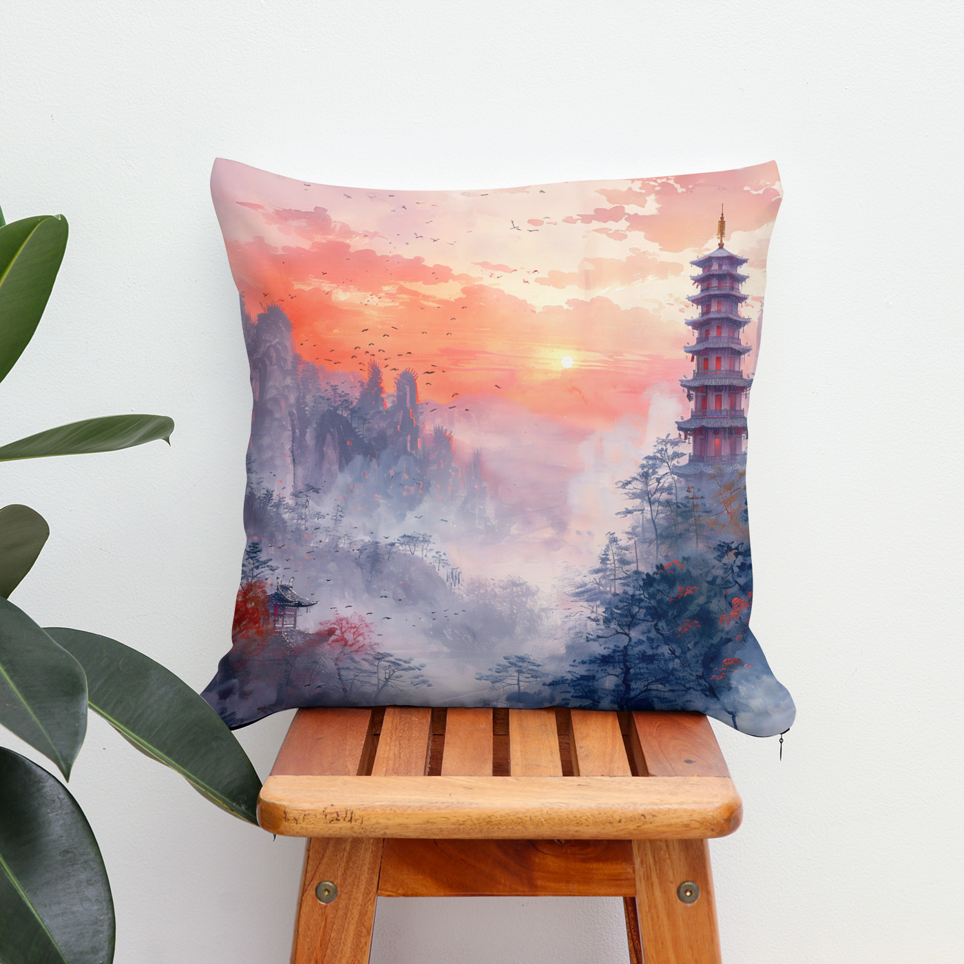 Kissen: Chinese Watercolor Temple at Evening Glow