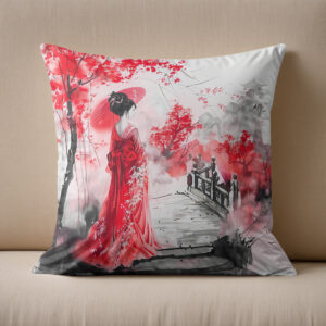 Kissen: Chinese Watercolor Geisha on a Bridge
