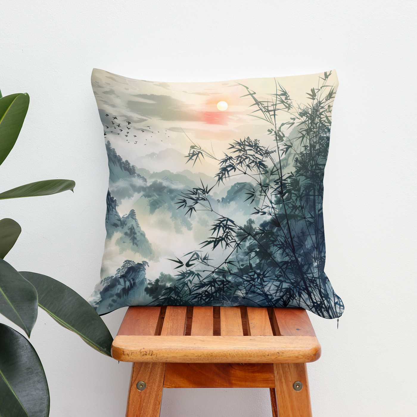 Kissen: Chinese Watercolor Bird Migration at Sunset