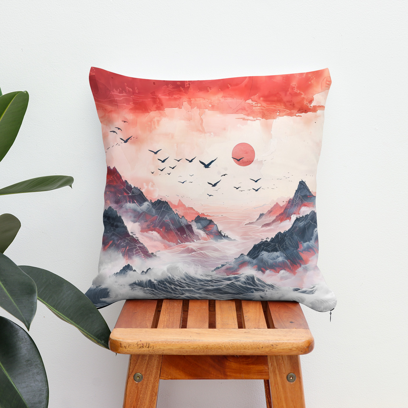 Kissen: Chinese Watercolor Birds Soaring over Mountains