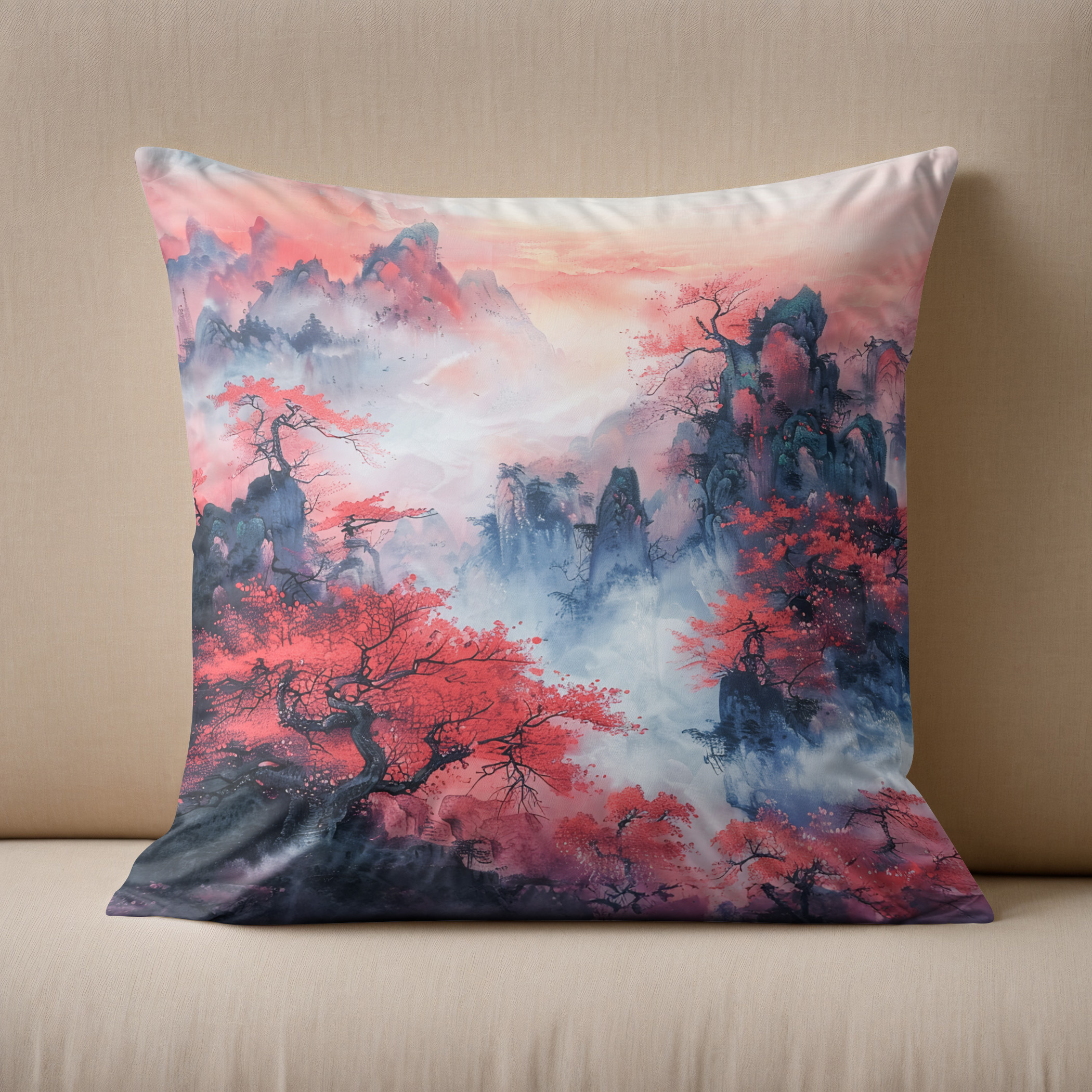 Kissen: Chinese Watercolor Autumn Mountains at Sunset - immagine 2