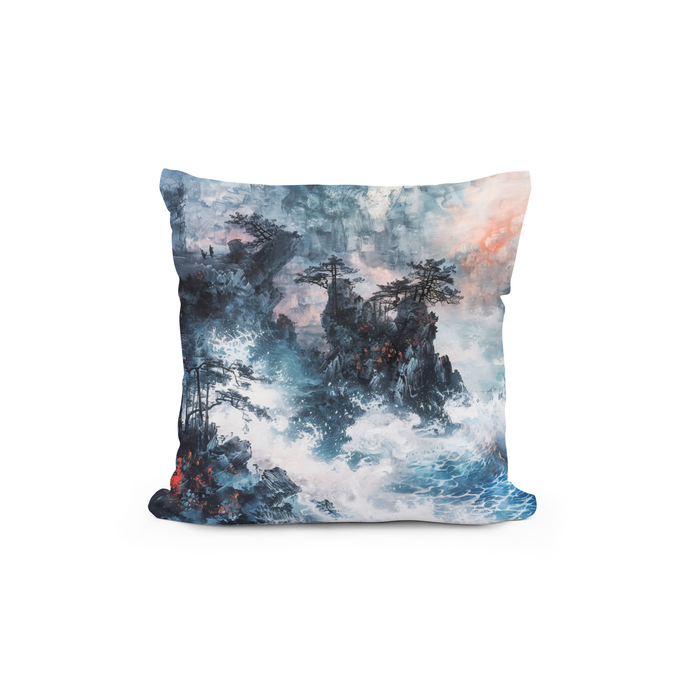 Kissen: Chinese Watercolor Waves on Rocky Coast - Image 2