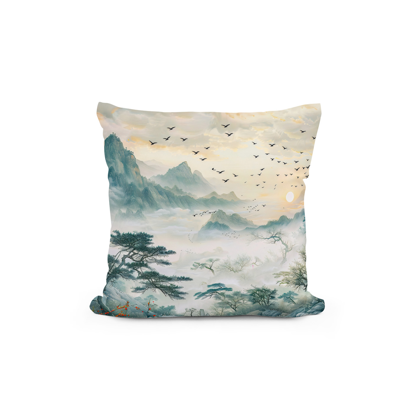 Kissen: Chinese Watercolor Birds in Evening Sky - Image 2