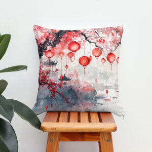Kissen: Chinese Watercolor Lanterns and Blossoming Trees