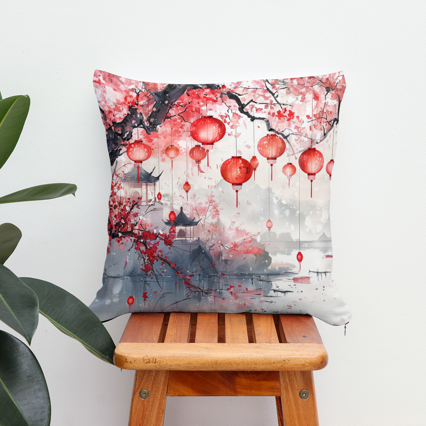 Kissen: Chinese Watercolor Lanterns and Blossoming Trees