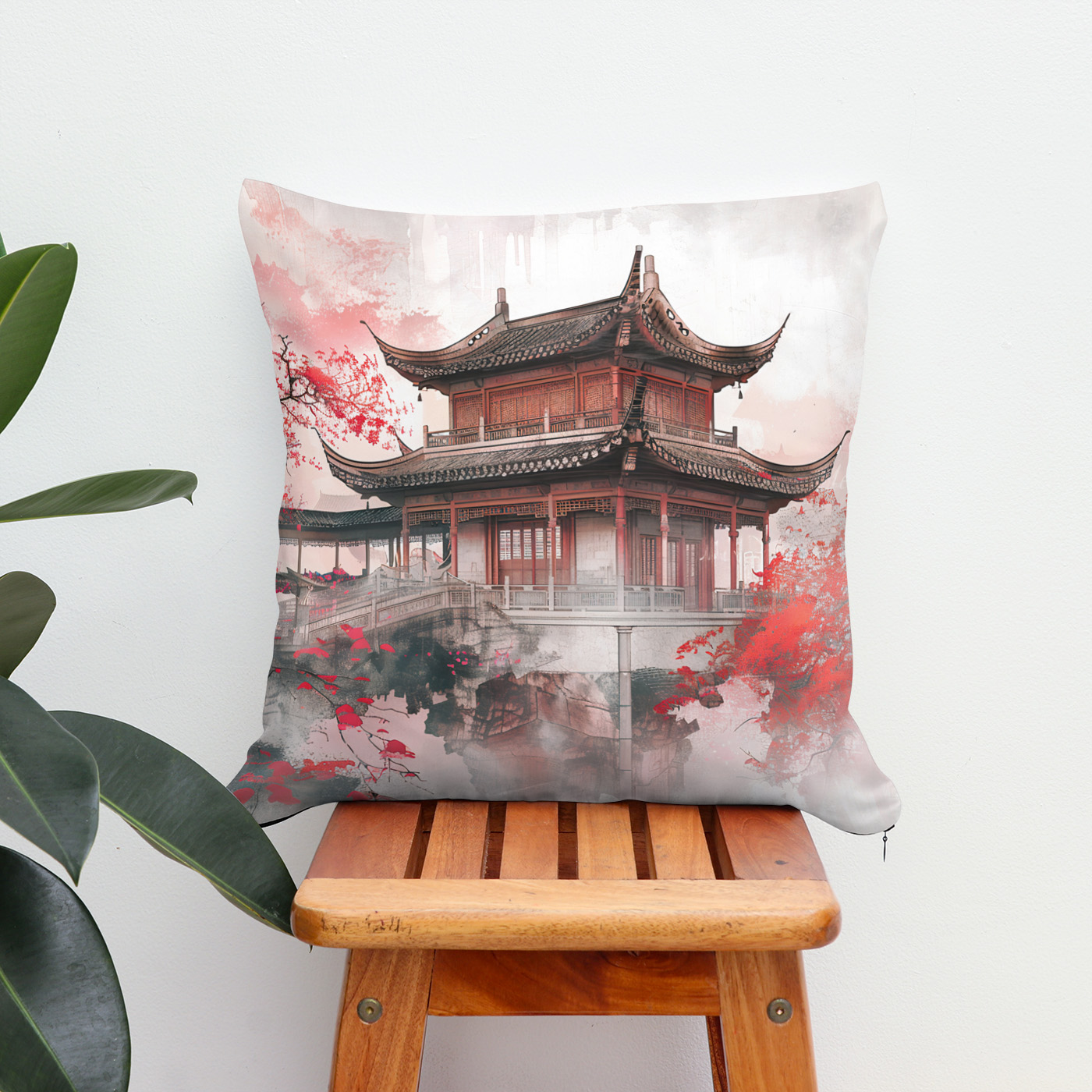 Kissen: Chinese Watercolor Red Maple by Temple - immagine 2