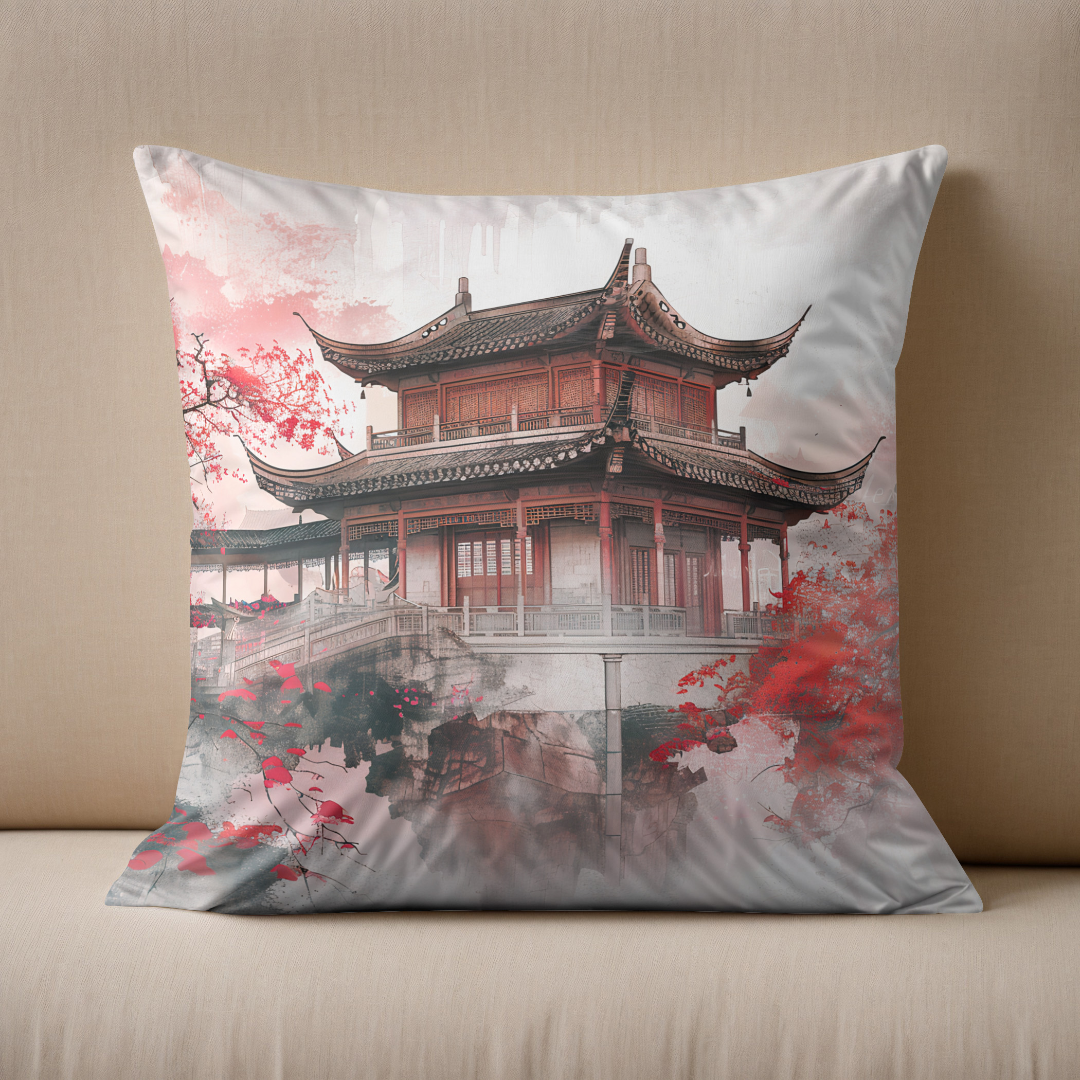 Kissen: Chinese Watercolor Red Maple by Temple