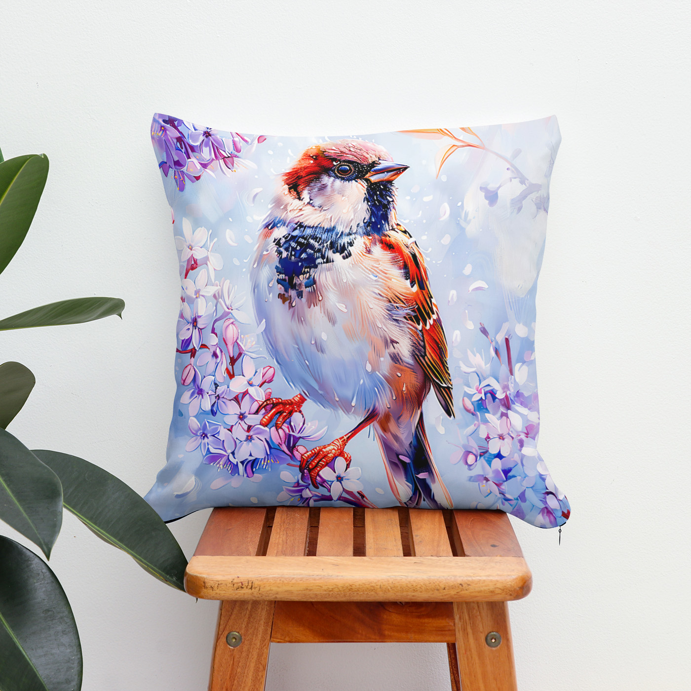 Kissen: House Sparrow on a Branch Impressionist Art