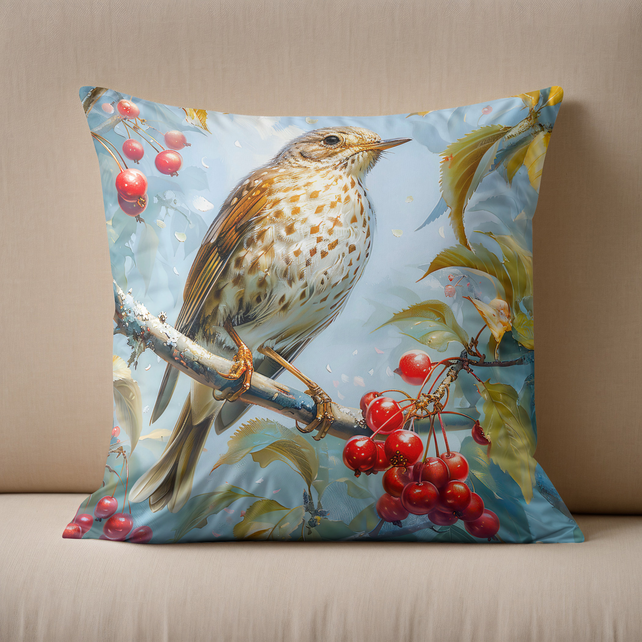 Kissen: Fieldfare in Winter Landscape Impressionist Art