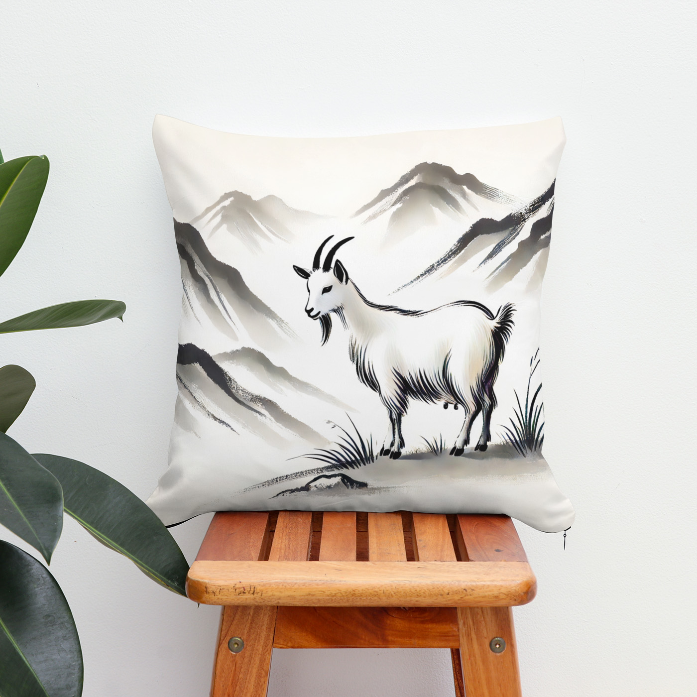 Kissen: Graceful Goat on Meadow with Mountains