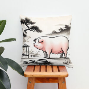 Kissen: Ink art of Content Pig in Pen with Garden
