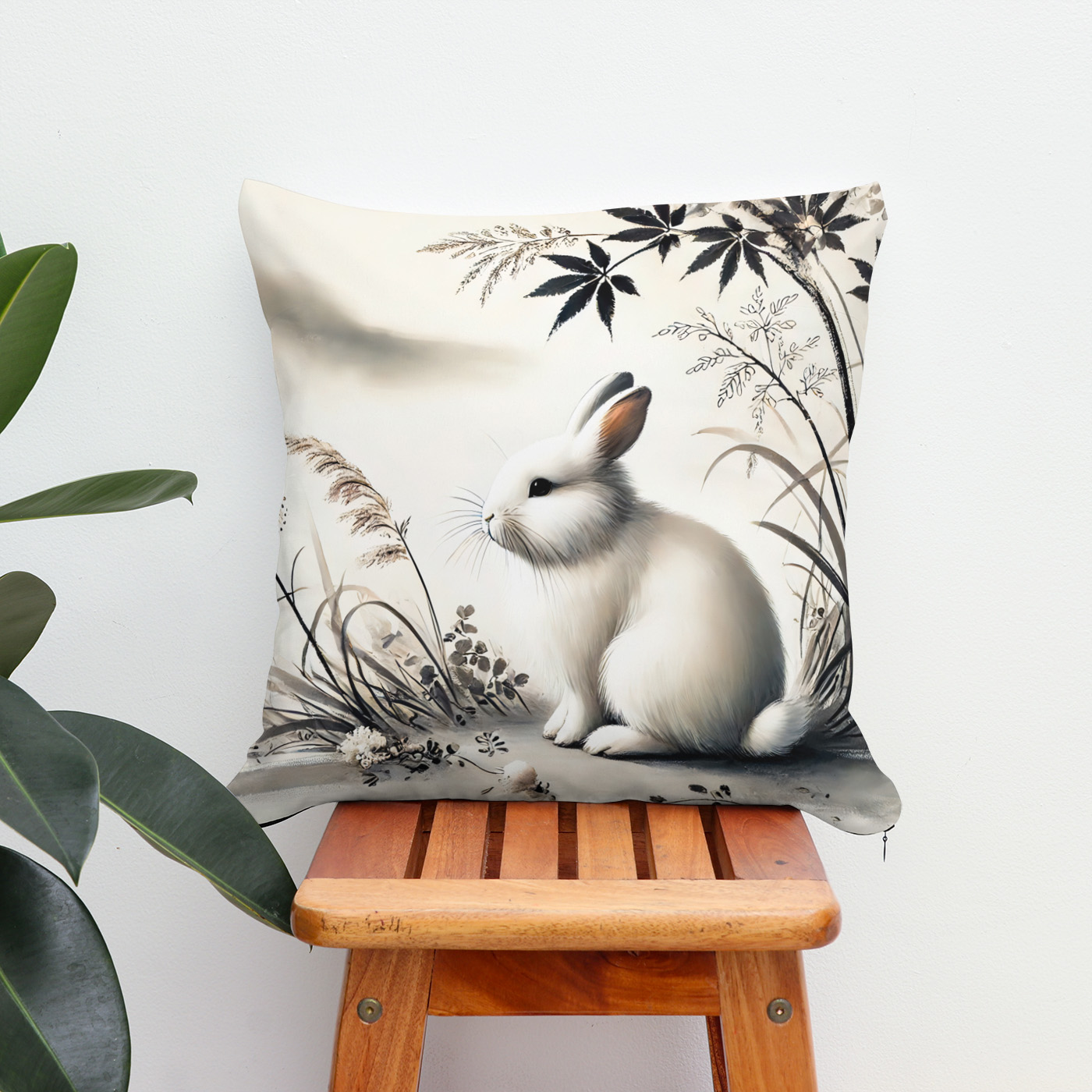 Kissen: China zodiac ink of Serene Hare Resting Under Bush