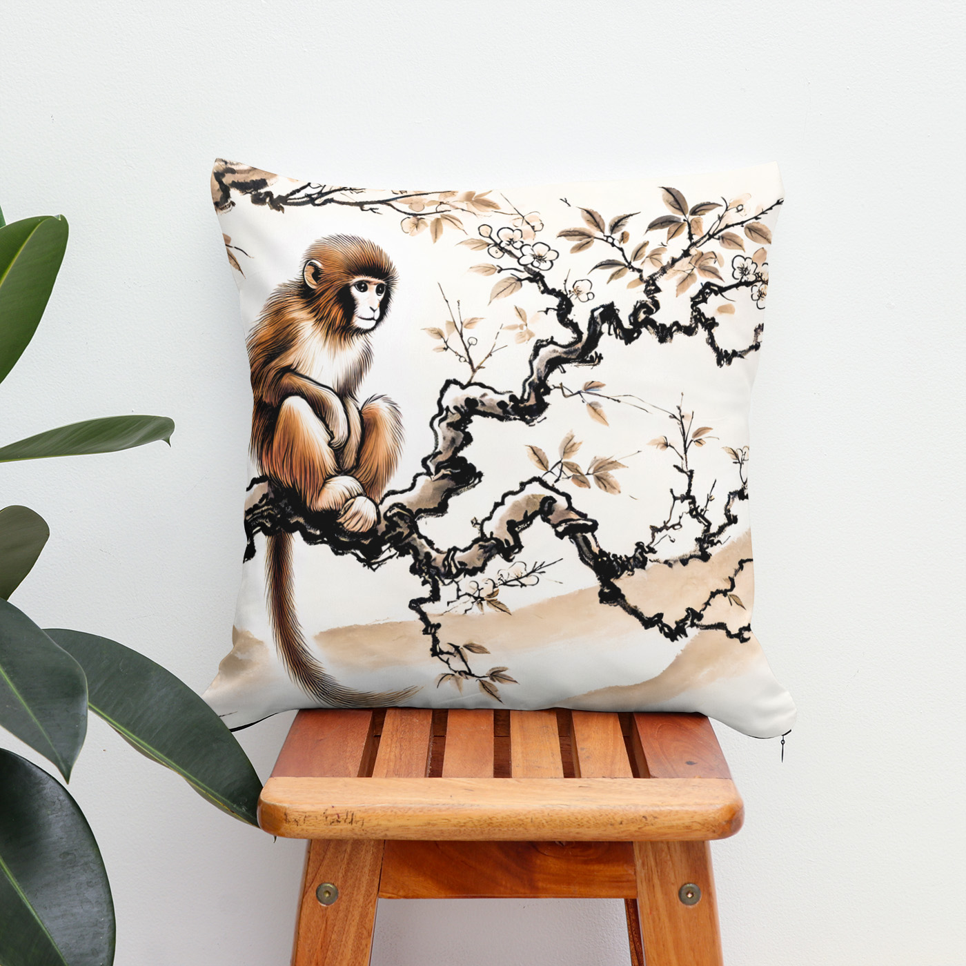 Kissen: China ink zodiac Playful Monkey Perched on Tree – Image 2