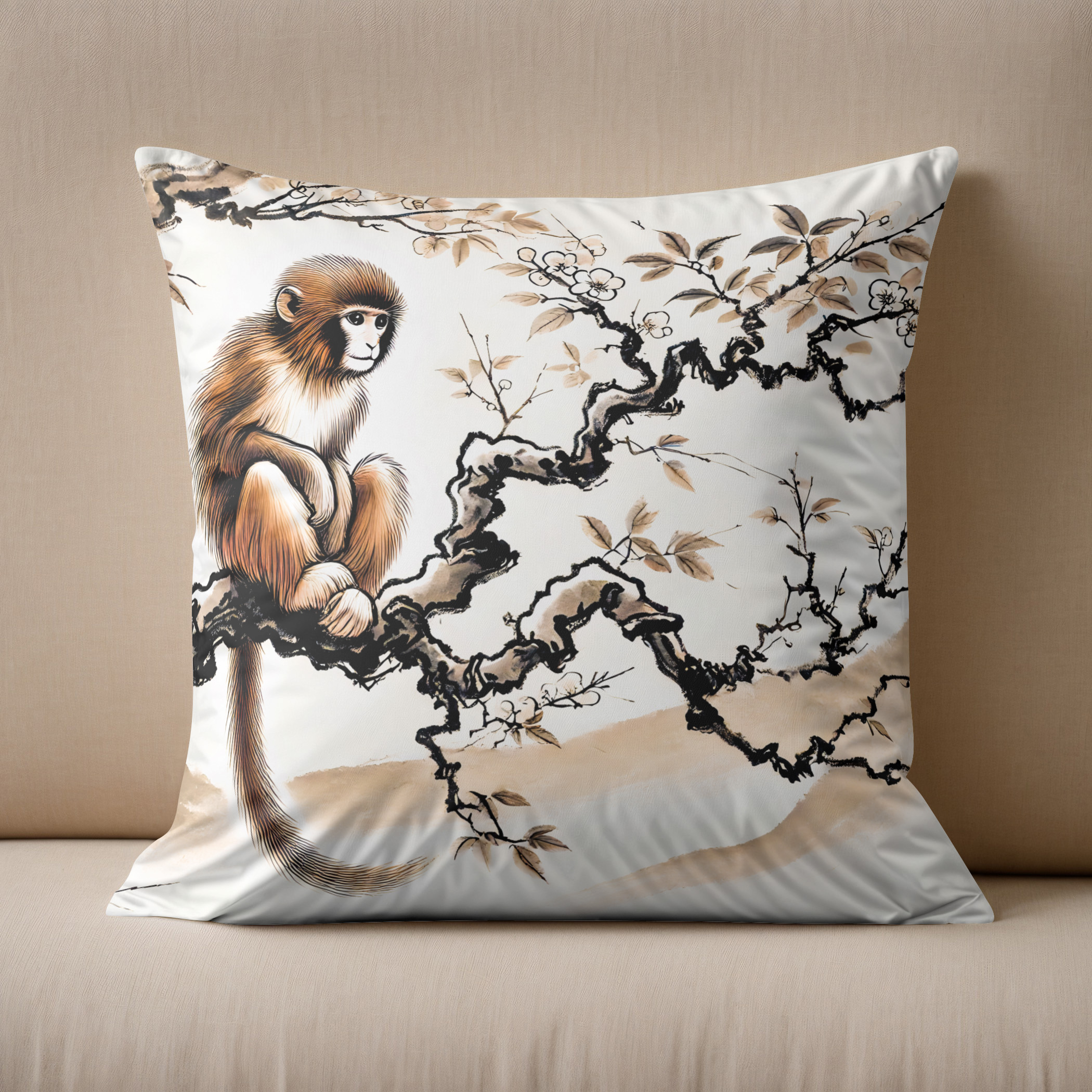 Kissen: China ink zodiac Playful Monkey Perched on Tree