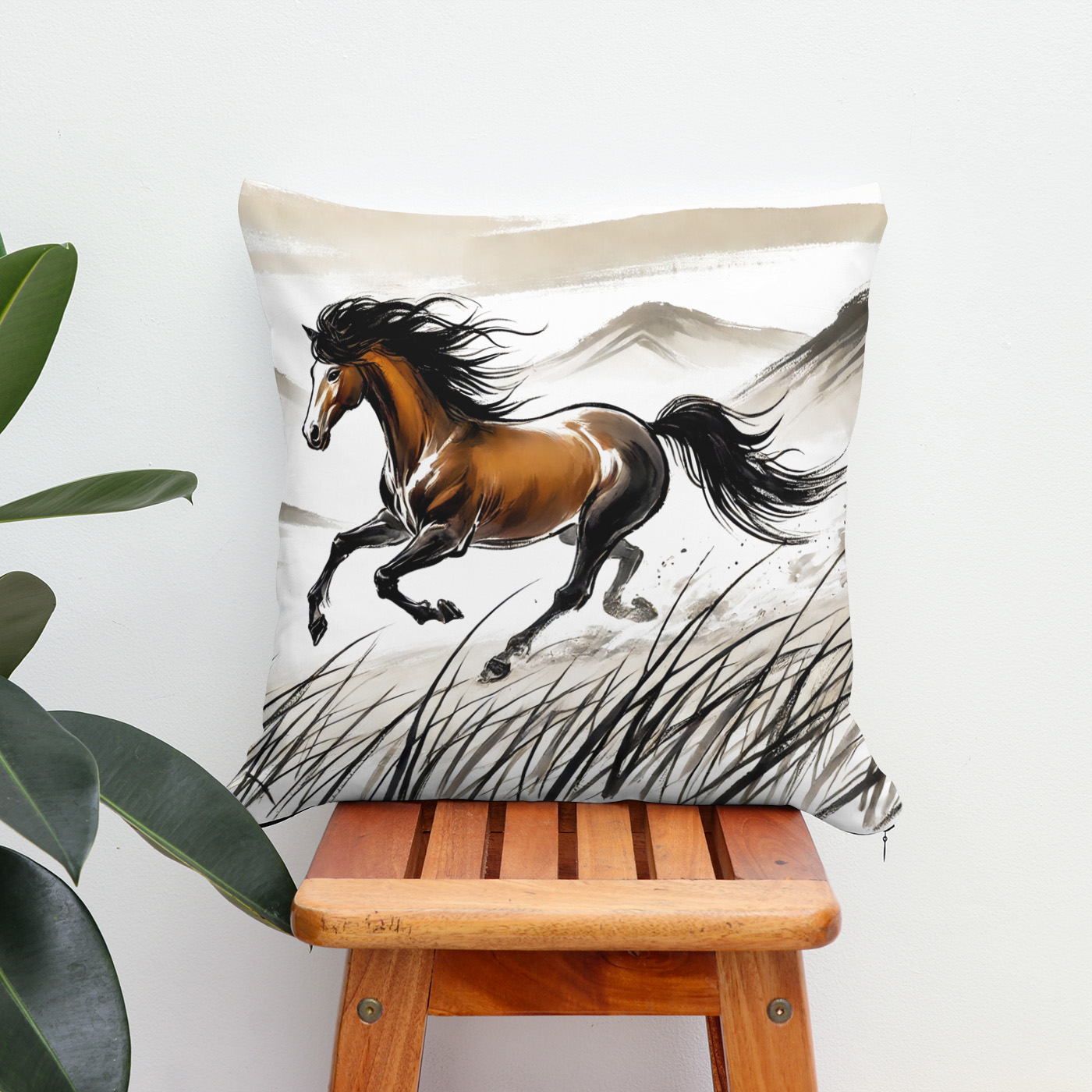 Kissen: Galloping Horse Across Pasture ink painting - Imagen 2
