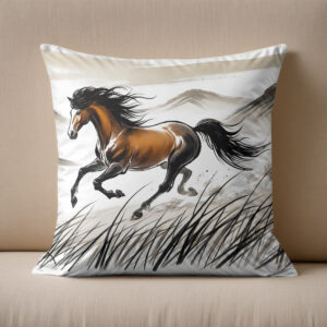 Kissen: Galloping Horse Across Pasture ink painting