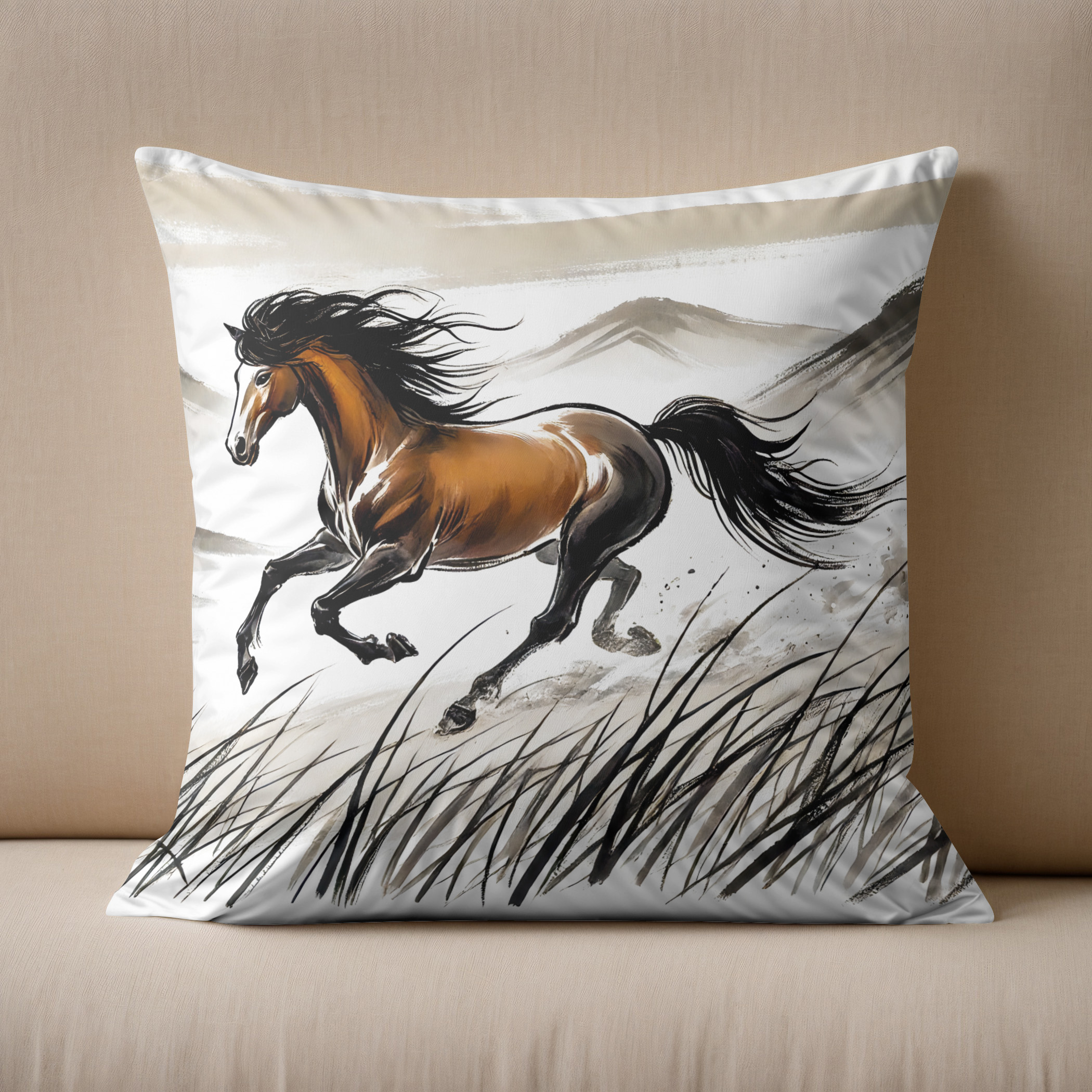 Kissen: Galloping Horse Across Pasture ink painting