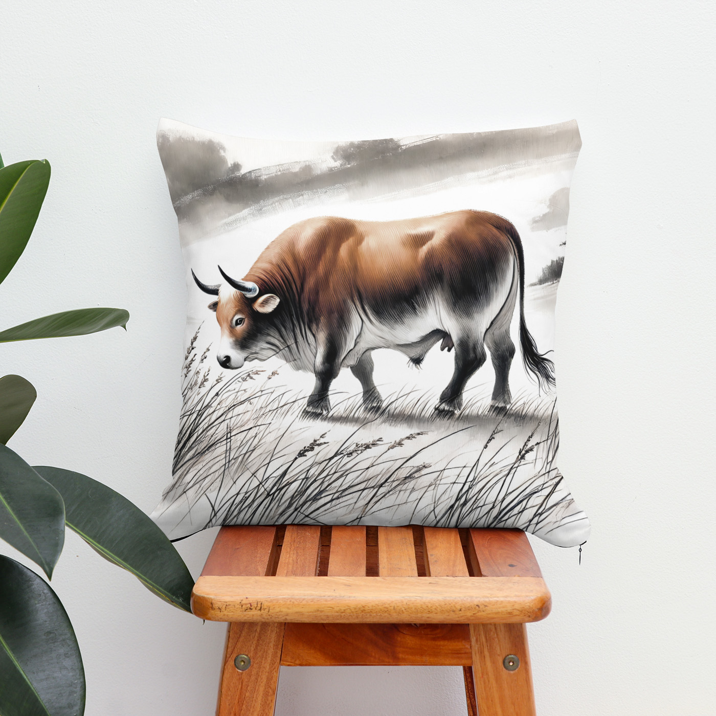 Kissen: China ink zodiac Strong Ox Grazing on Meadow – Bild 2