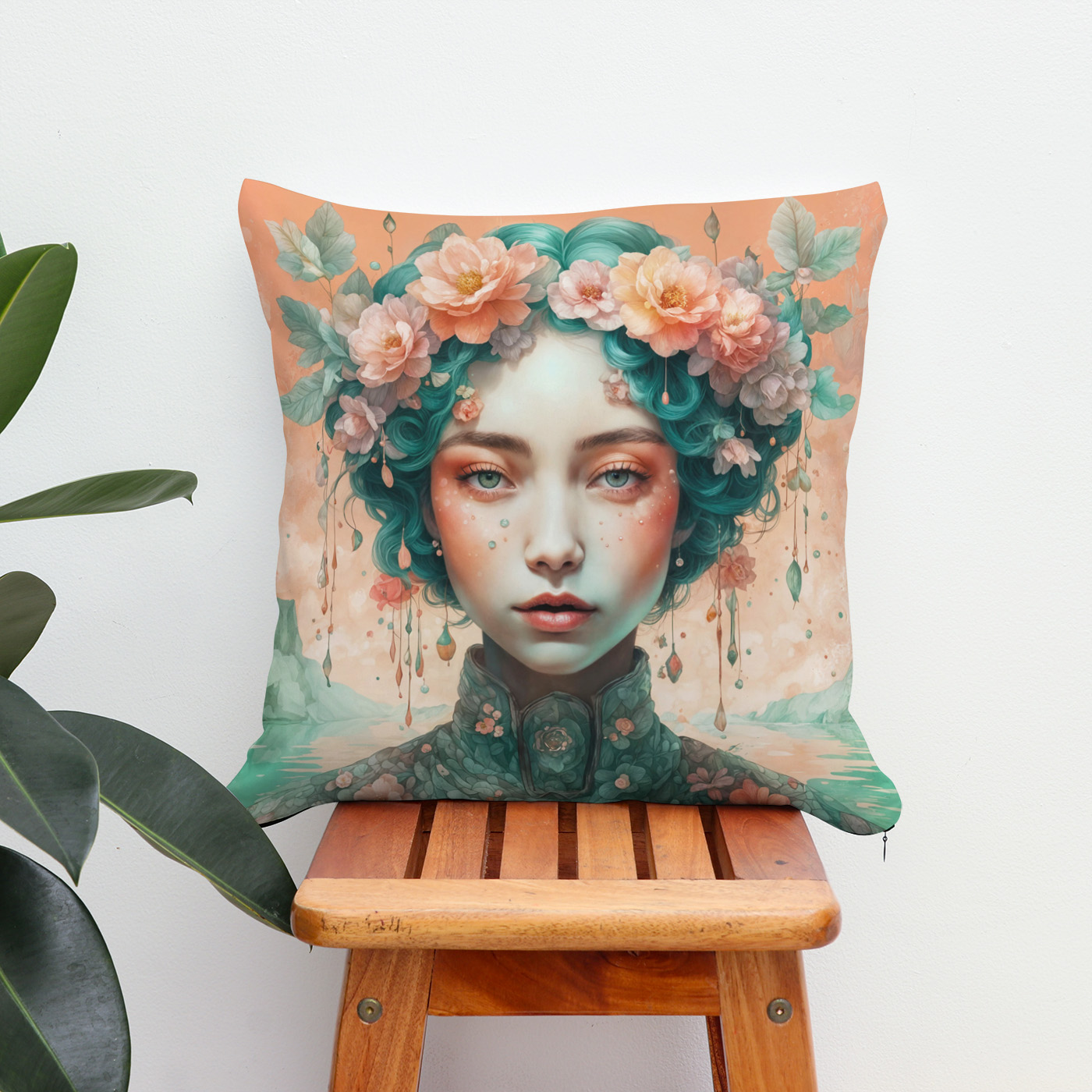 Kissen: Golden Flower Fairy with Sparkling Eyes