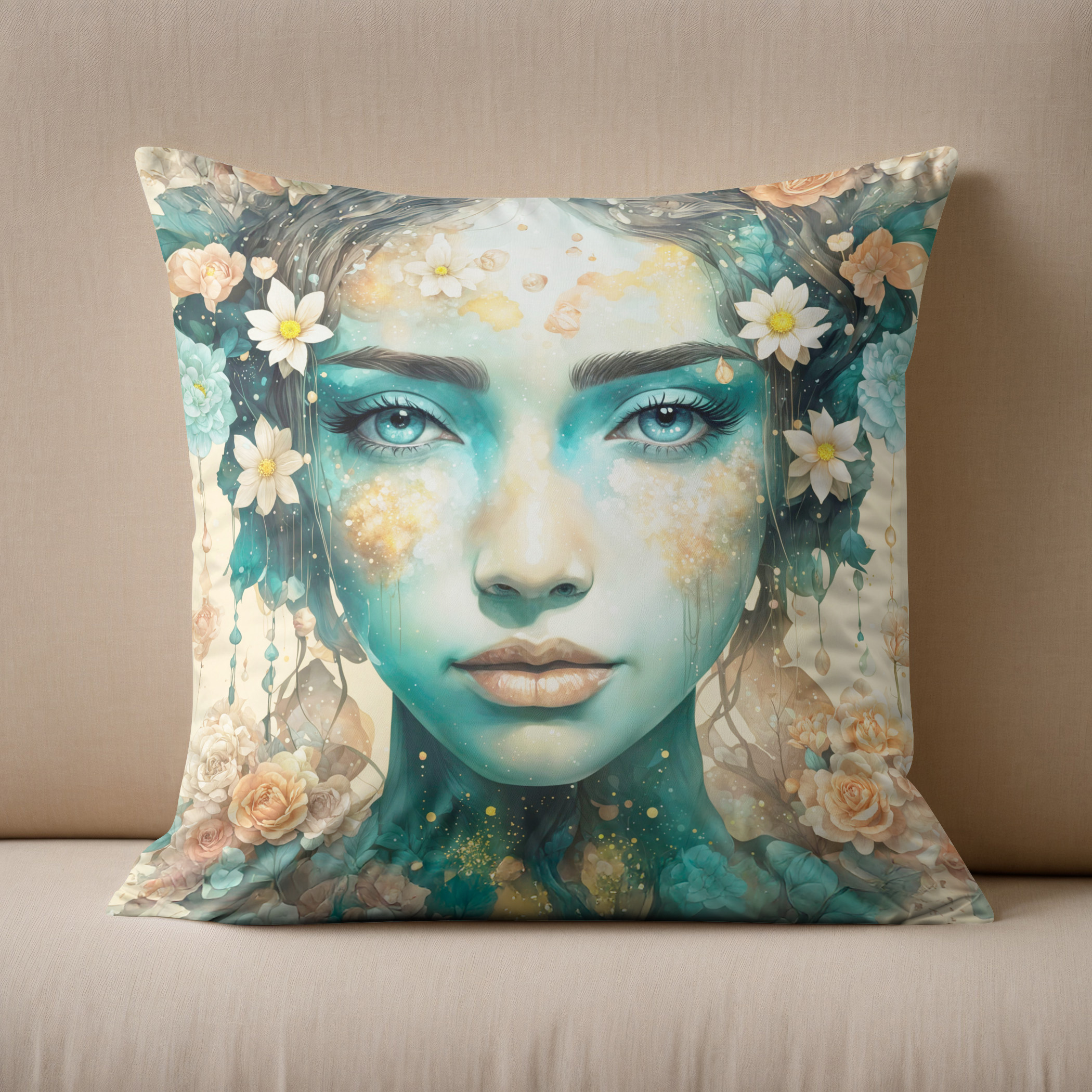 Kissen: Golden Flower Fairy with Sparkling Eyes