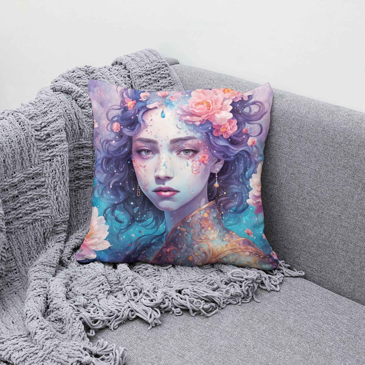 Kissen: Flower Fairy with Blue Hair