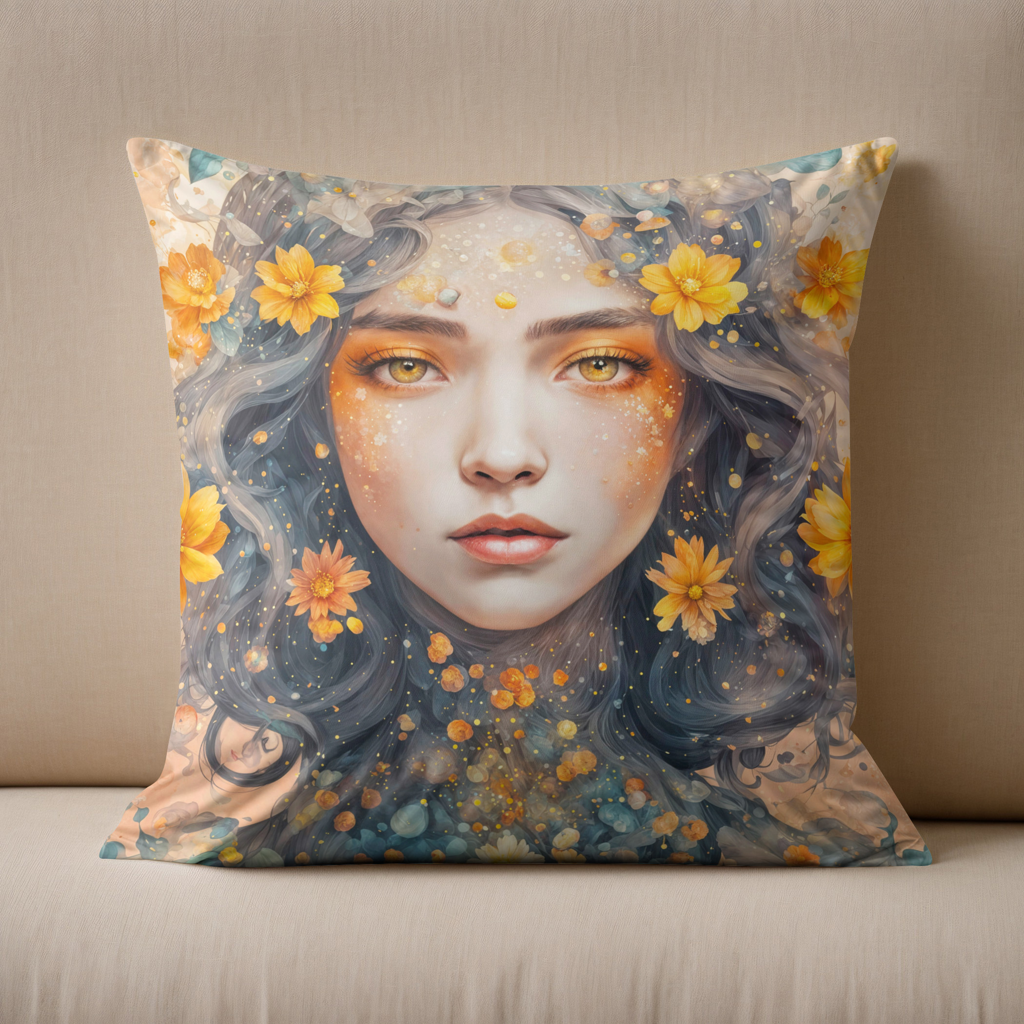 Kissen: Golden Flower Fairy with Sparkling Eyes