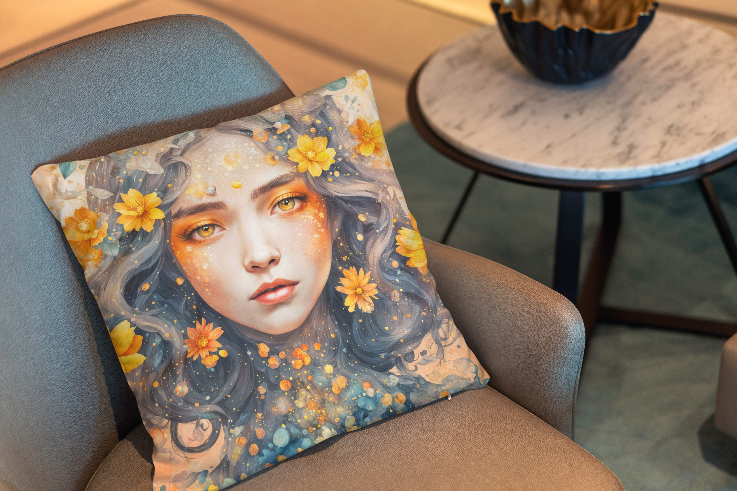 Kissen: Golden Flower Fairy with Sparkling Eyes – Image 2