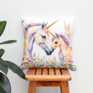 Kissen: Boho Watercolor Tender Unicorn And Baby In Flower Meadow