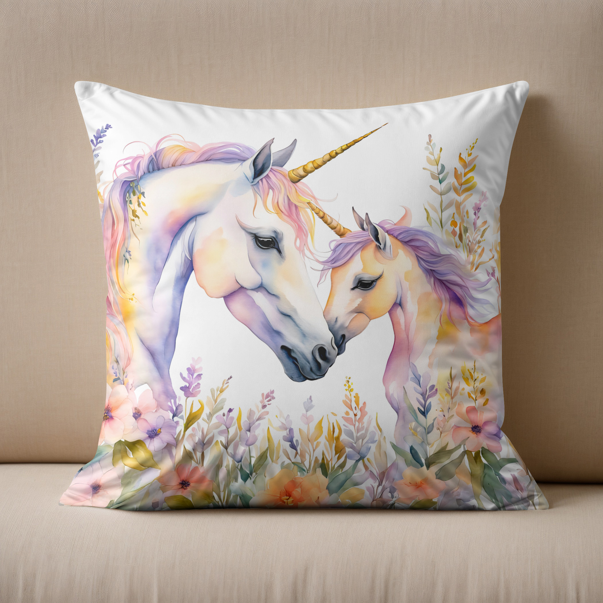Kissen: Boho Watercolor Tender Unicorn And Baby In Flower Meadow – Bild 2