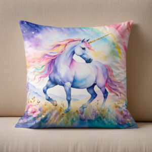 Kissen: Watercolor Graceful Unicorn Under Soft Pastel Rainbow Clouds