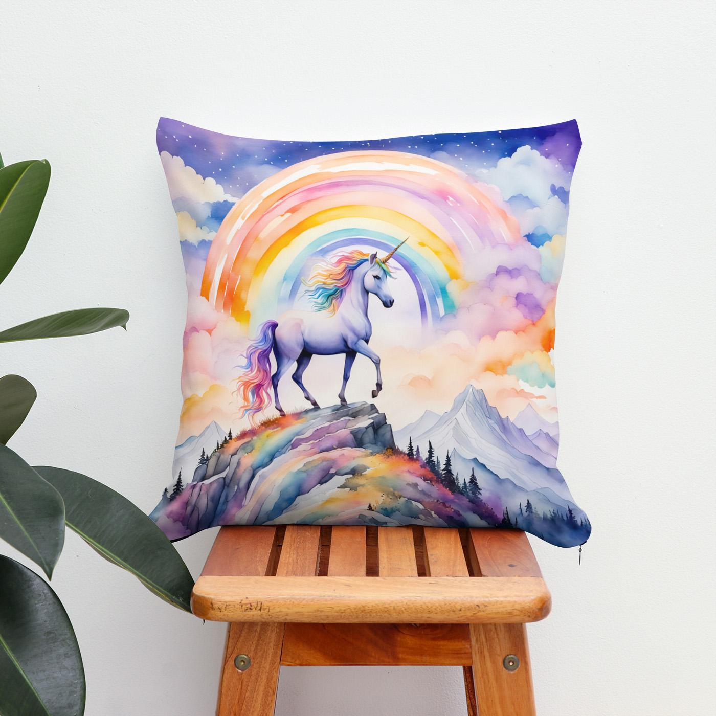 Kissen: Boho Watercolor Magical Unicorn Beneath Glowing Rainbow And Clouds