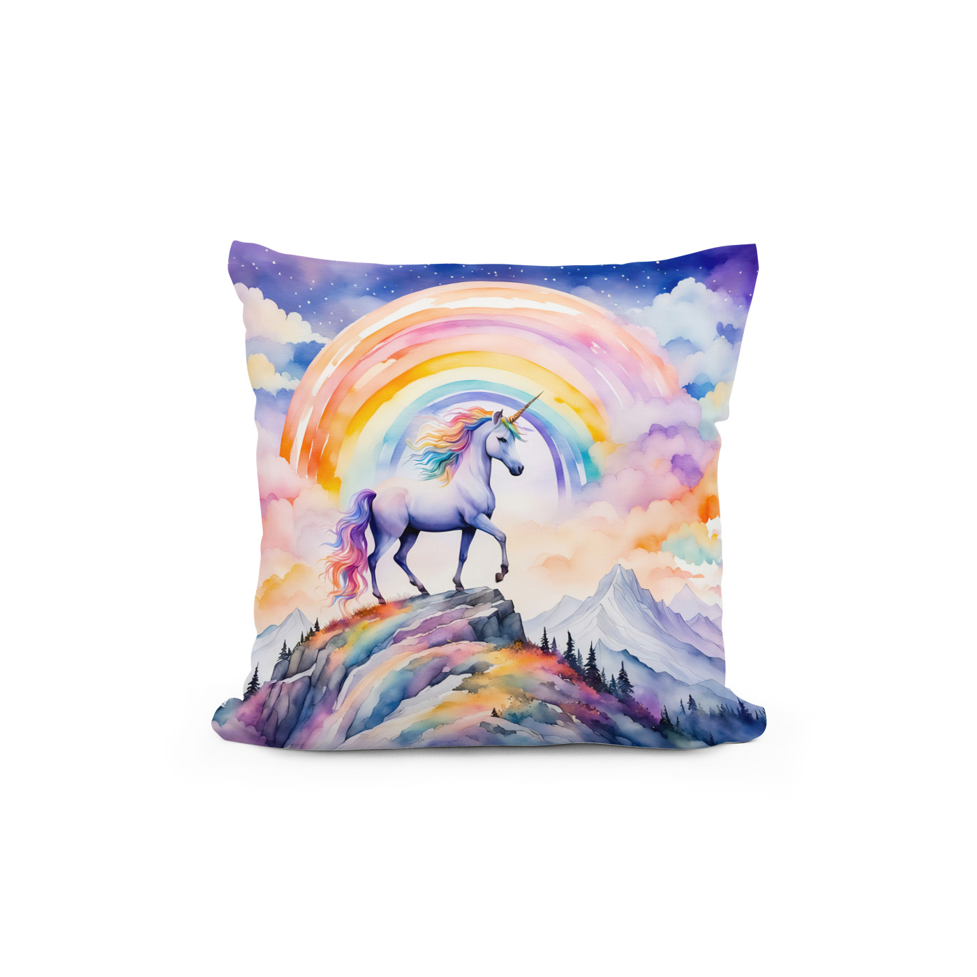 Kissen: Boho Watercolor Magical Unicorn Beneath Glowing Rainbow And Clouds - Imagen 2