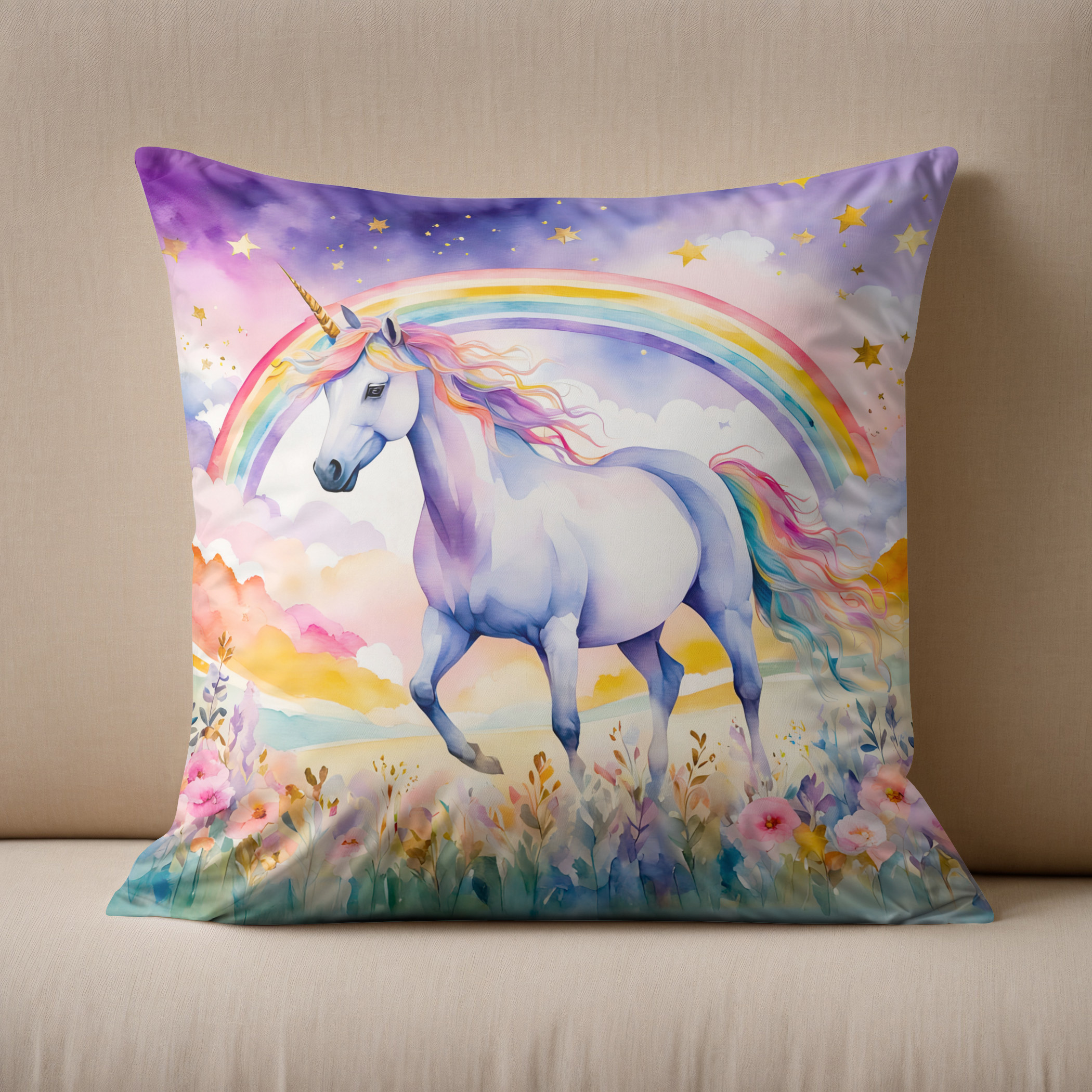 Kissen: Watercolor Enchanted Unicorn Beneath A Glowing Rainbow Sky