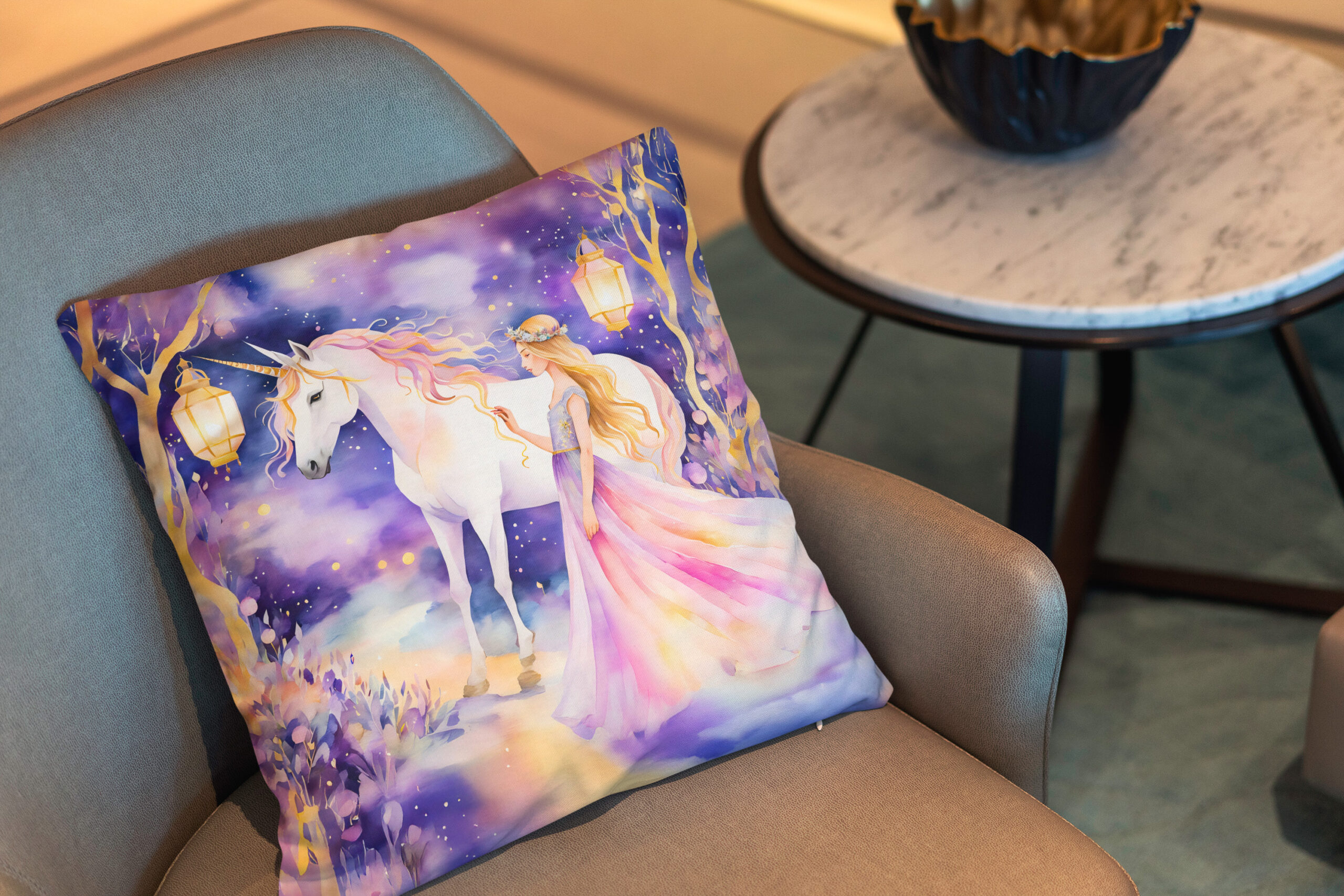 Kissen: Boho Watercolor Beautiful Princess Riding A Majestic White Unicorn – Bild 2