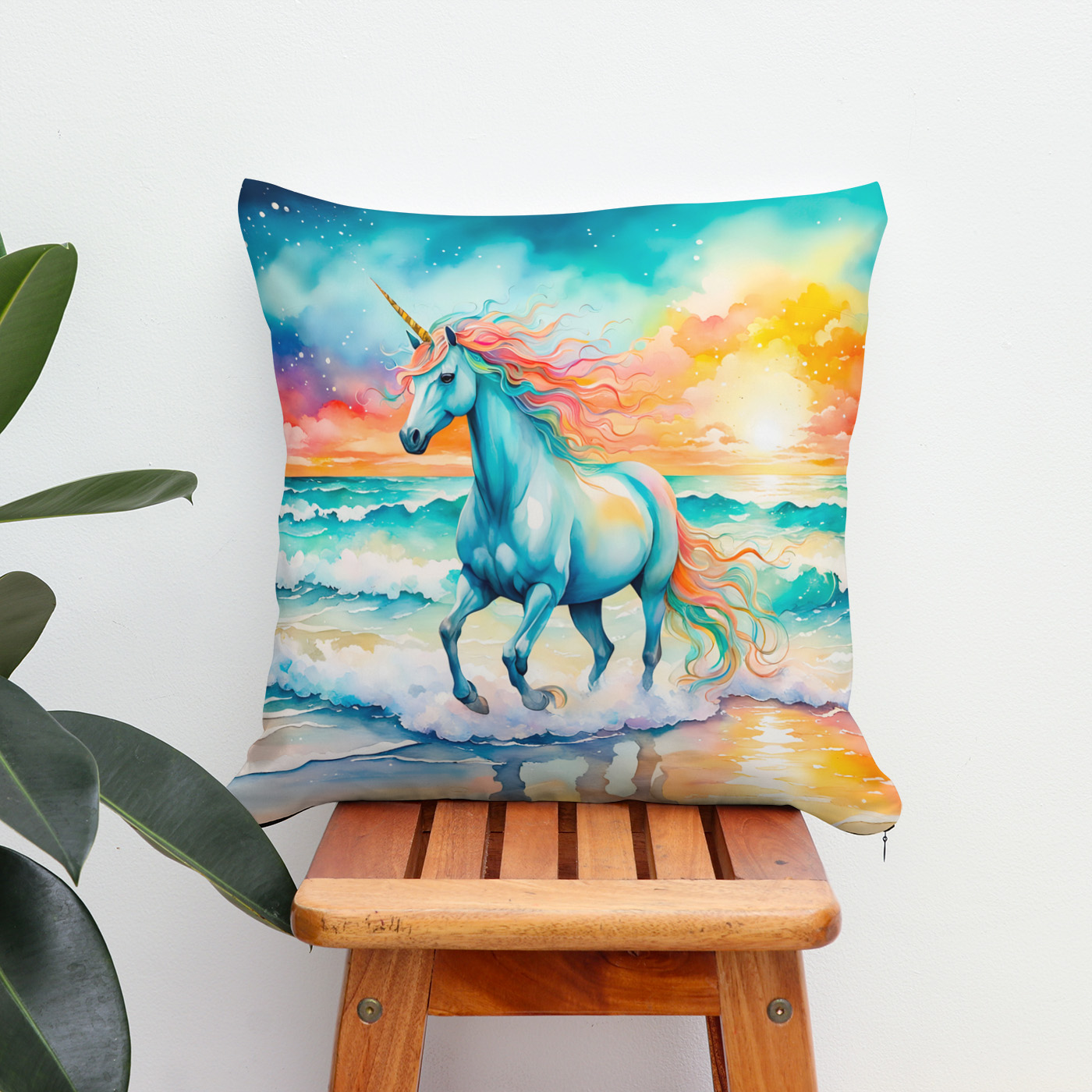 Kissen: Boho Watercolor Sparkling Blue Unicorn Galloping On Ocean Shore
