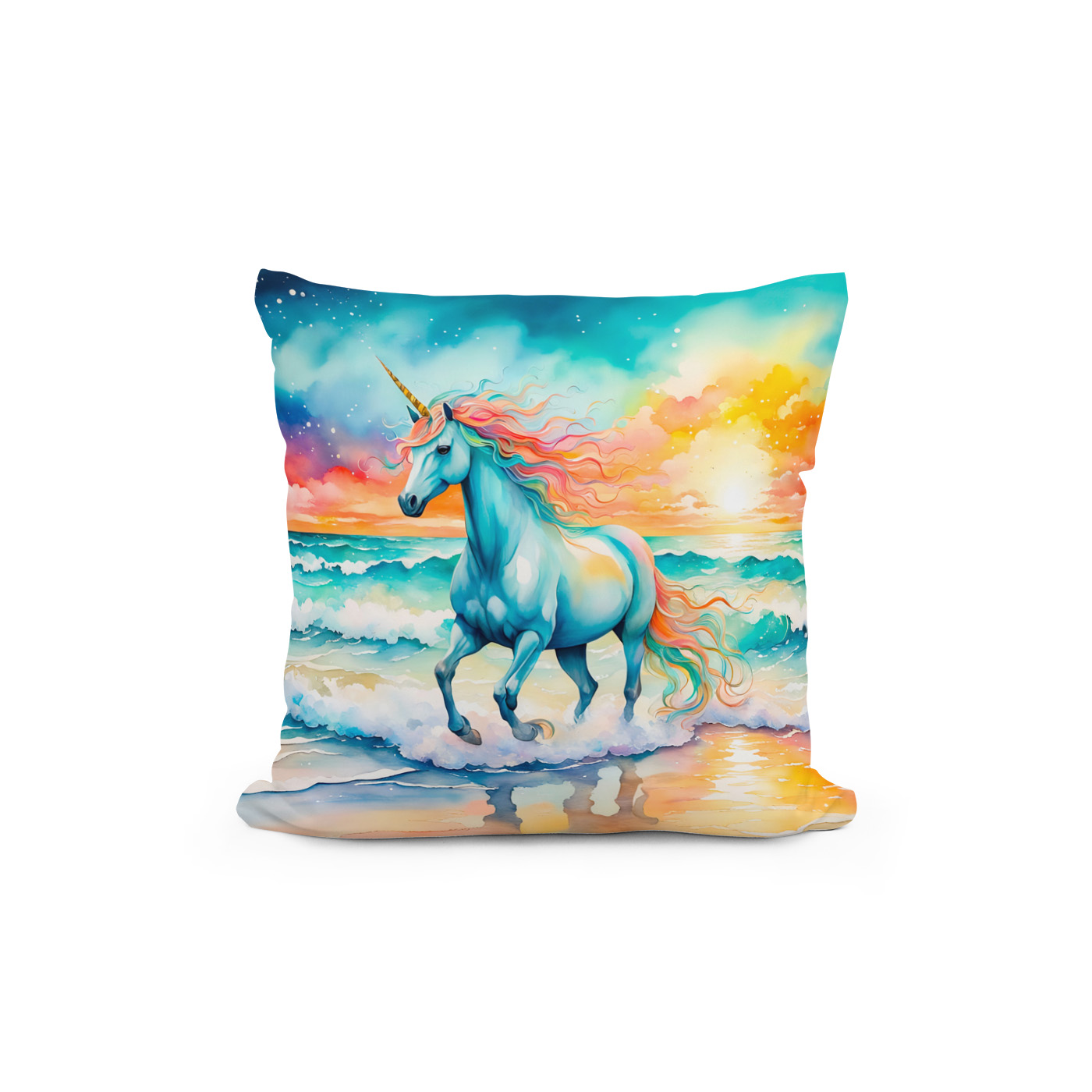 Kissen: Boho Watercolor Sparkling Blue Unicorn Galloping On Ocean Shore - Image 2